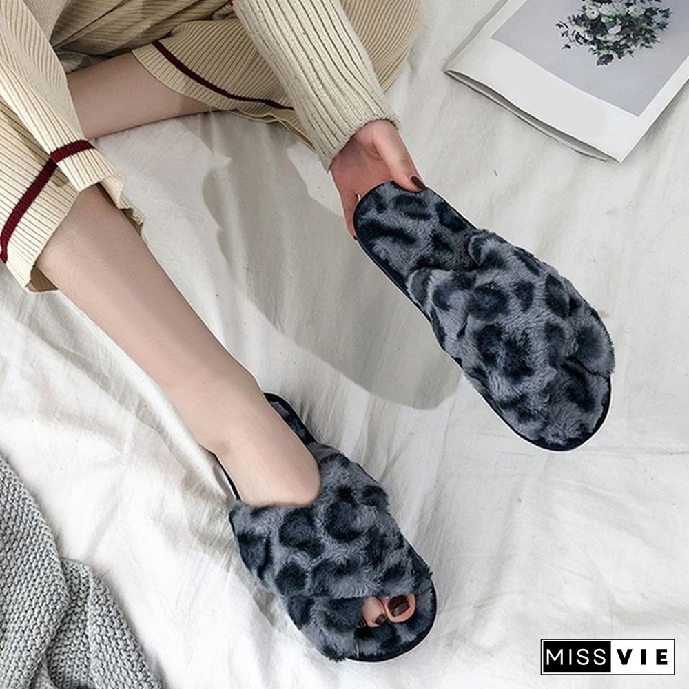 Women Fashion Sexy Flat Leopard Cross Strap Fluffy Soft Slippers Sandals Party Indoor Flip Flop Shoes