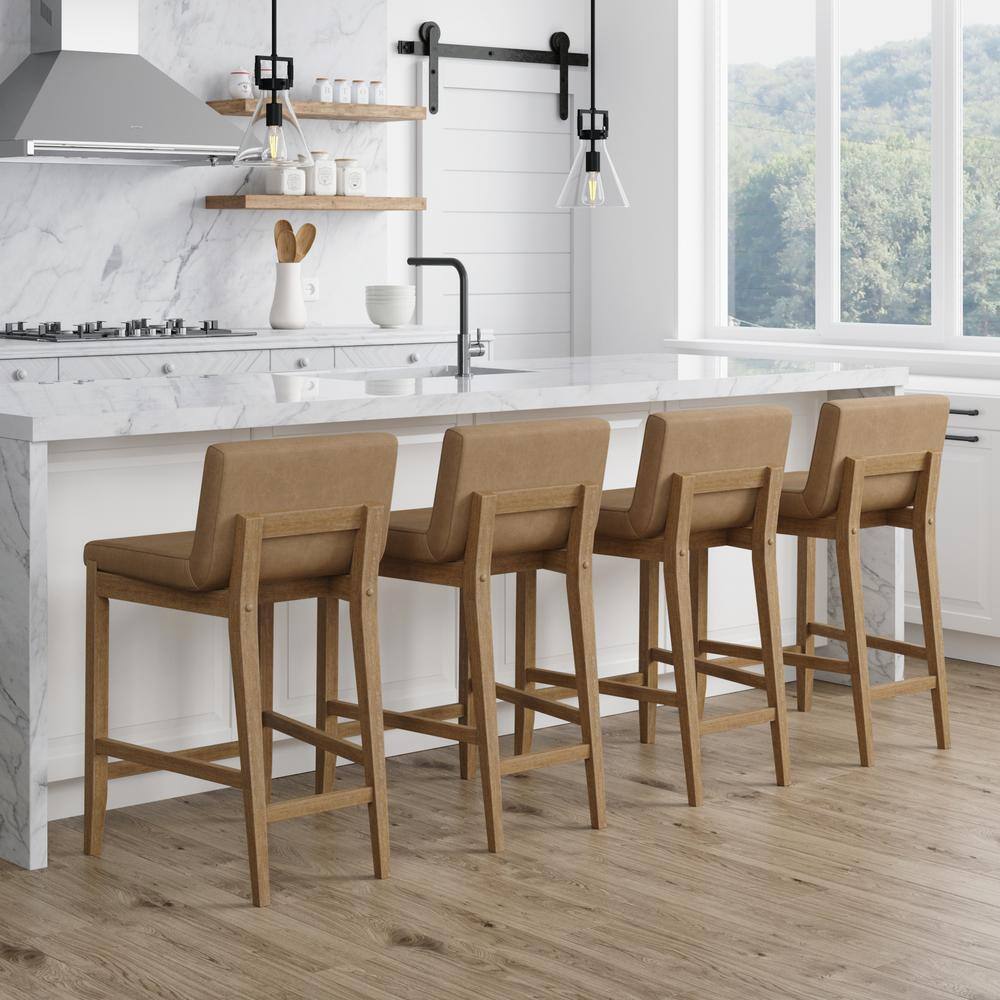 Nathan James Gracie 34 in. Light Brown Wood Modern Counter Height Bar Stool with Back Faux Leather Seat and Brushed Legs Set of 4 24303-4