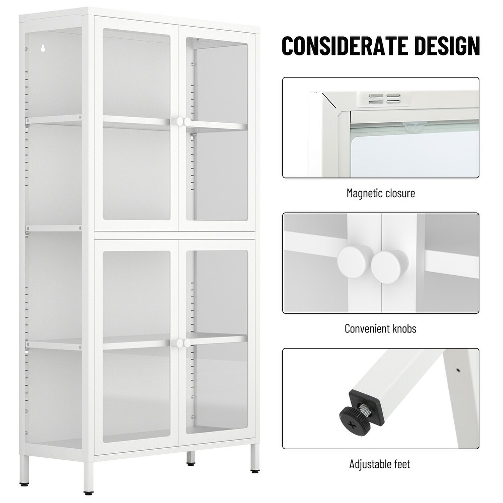 Four Glass Door Storage Cabinet with Adjustable Shelves and Feet Cold Rolled Steel Sideboard Furniture