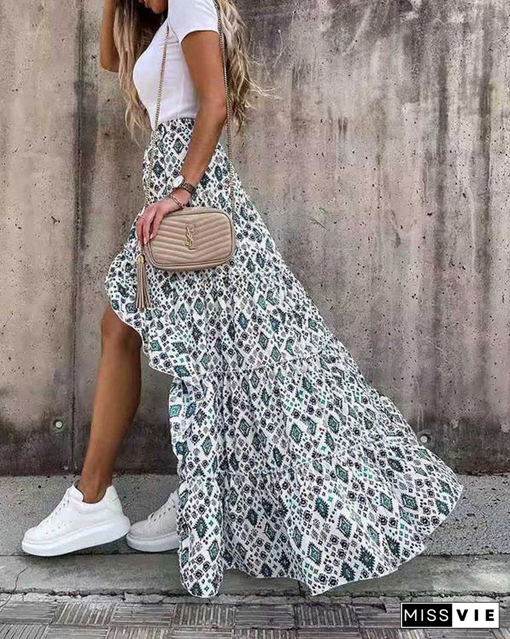 Fashion Print Irregular Hem Flowy Skirt