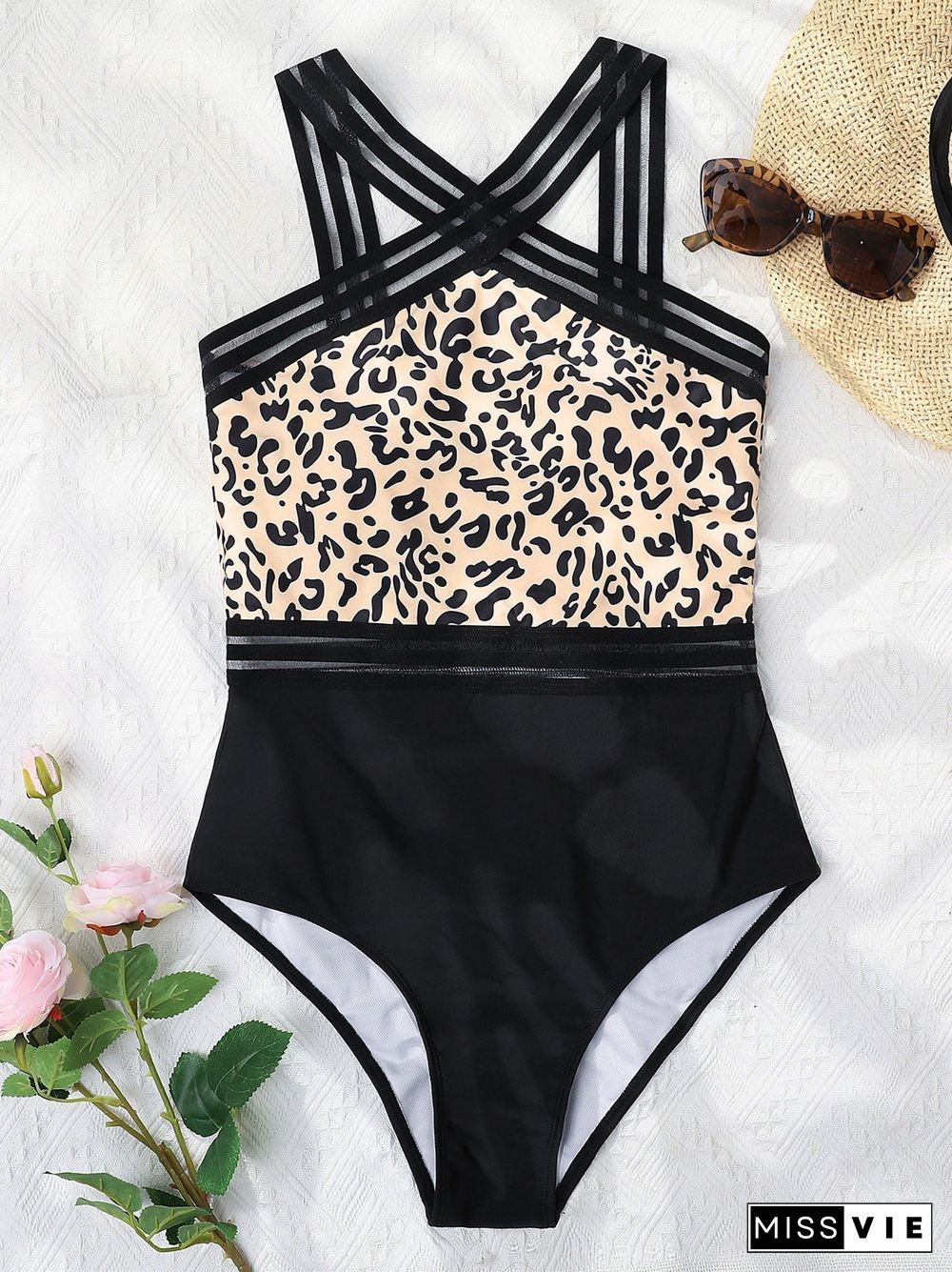 Women Leopard Sleeveless V-neck One Piece Swimwear