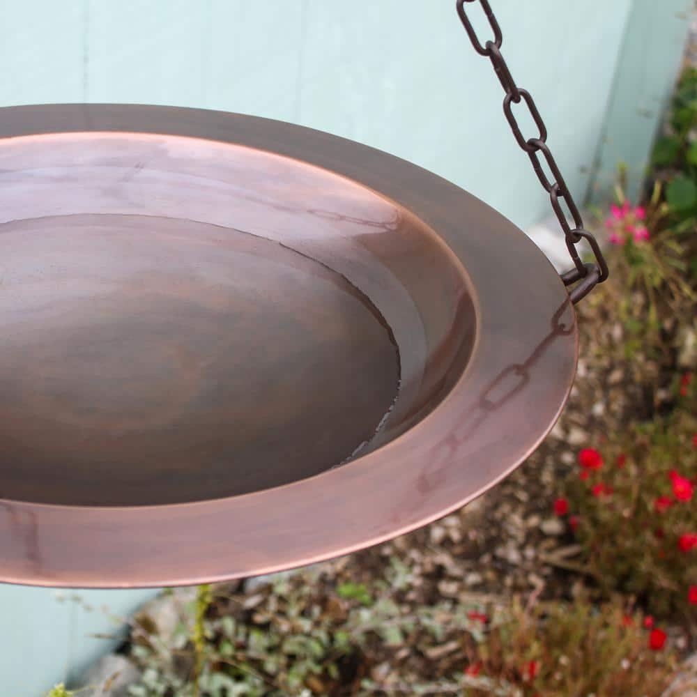 ACHLA DESIGNS 18 in. Dia Round Antique Finished Classic Copper Hanging Birdbath with Roman Bronze Wrought Iron Hanger BBH-04CP