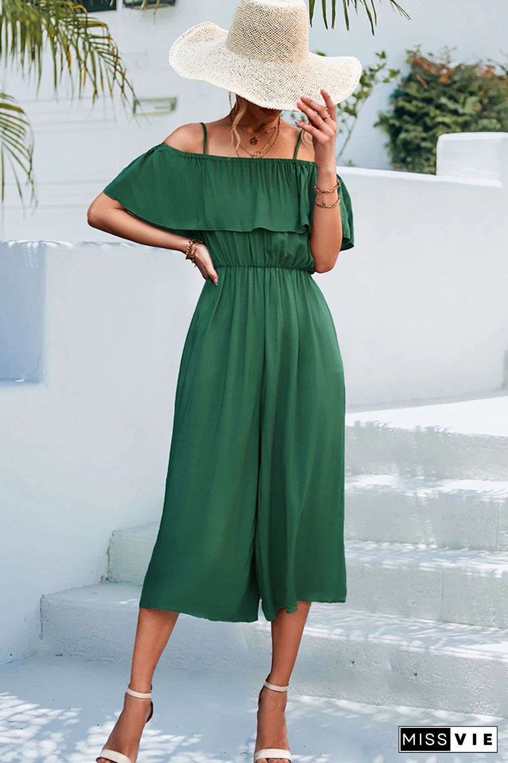 Plain Off Shoulder High Waist Wide Leg Jumpsuit