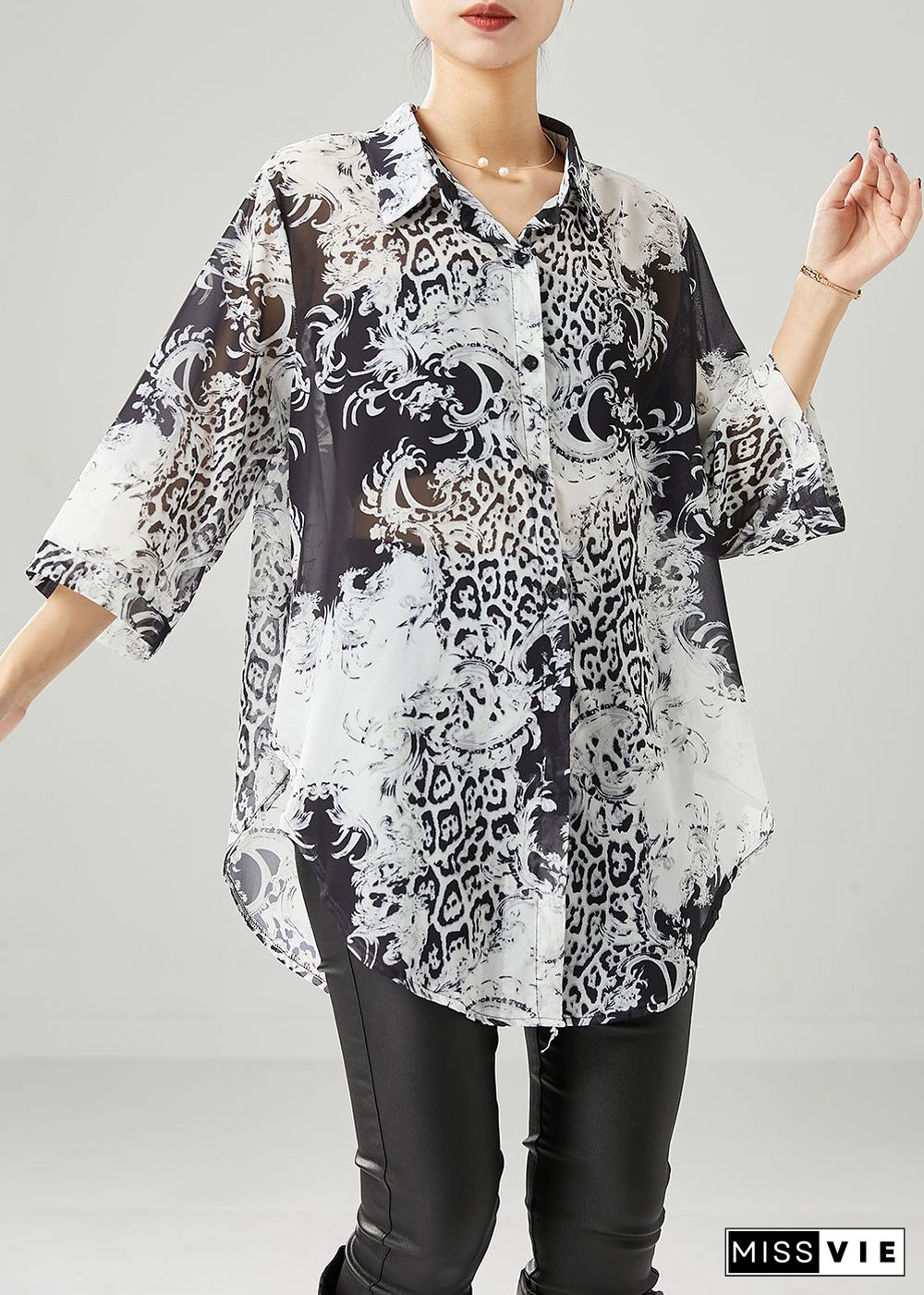 Plus Size Black White Print Oversized Chiffon Blouses Half Sleeve