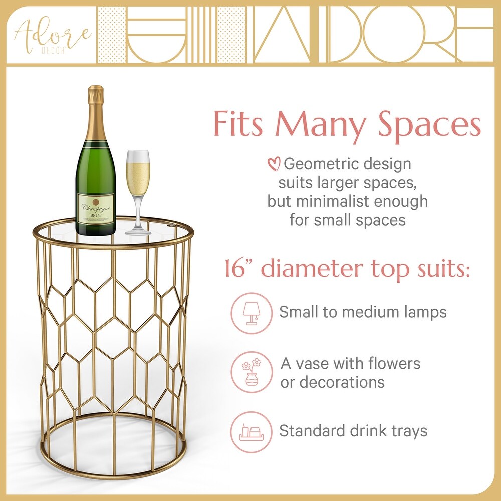 Adore Decor Harper Modern Glass and Metal Side Table  Gold Geometric Decorative Drum