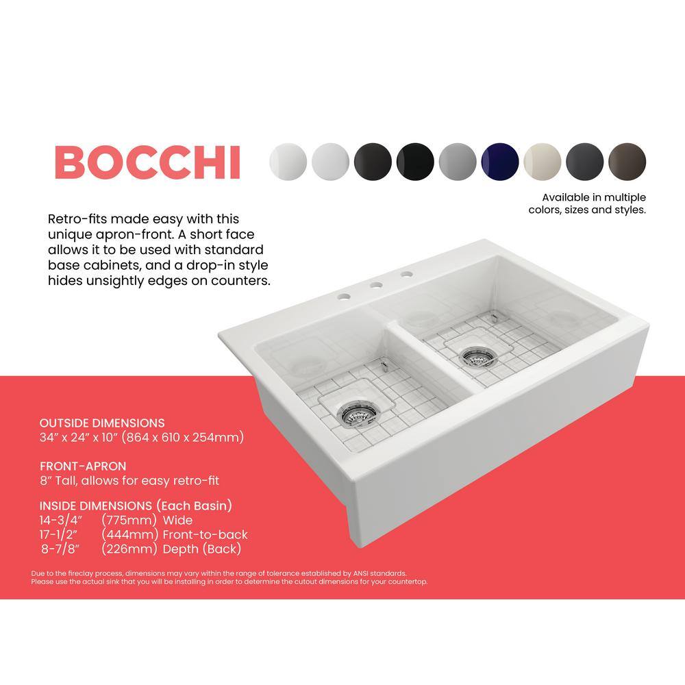 BOCCHI Nuova White Fireclay 34 in. Double Bowl Drop-In Apron Front Kitchen Sink with Protective Grids and Strainers 1501-001-0127