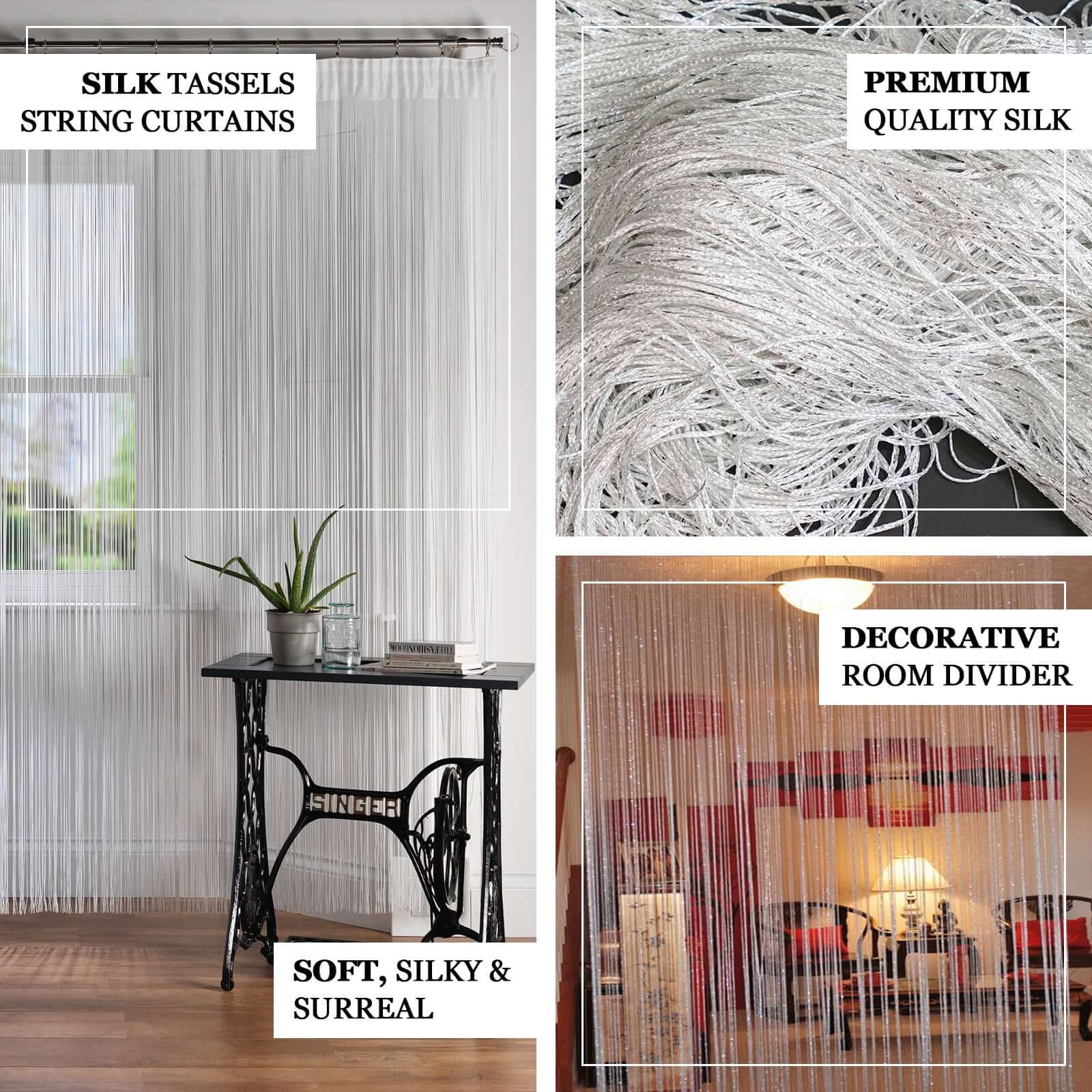 White/Silver Silk Tassel String Curtains, Decorative Room Divider Panels 3ftx8ft