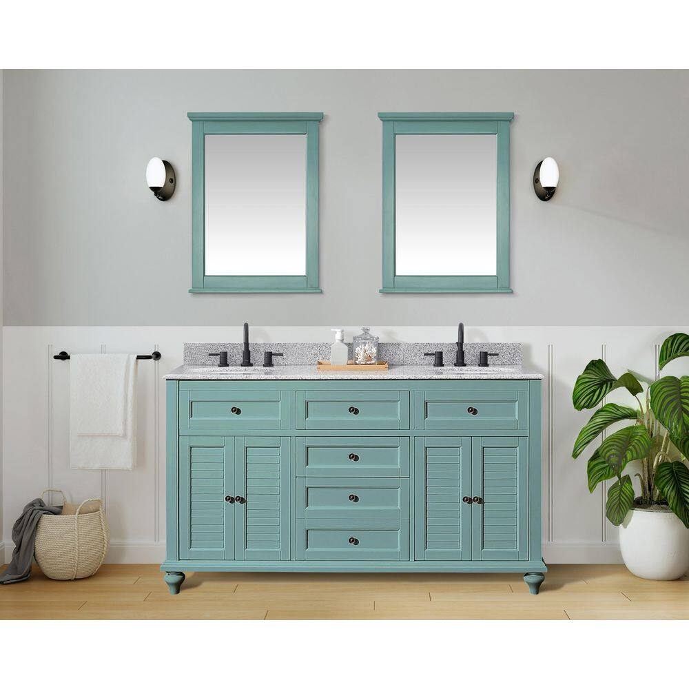 Home Decorators Collection Hamilton Shutter 61 in. W x 22 in. D Double Bath Vanity in Sea Glass with Granite Vanity Top in Gray with White Sink 10806-VS61H-SG