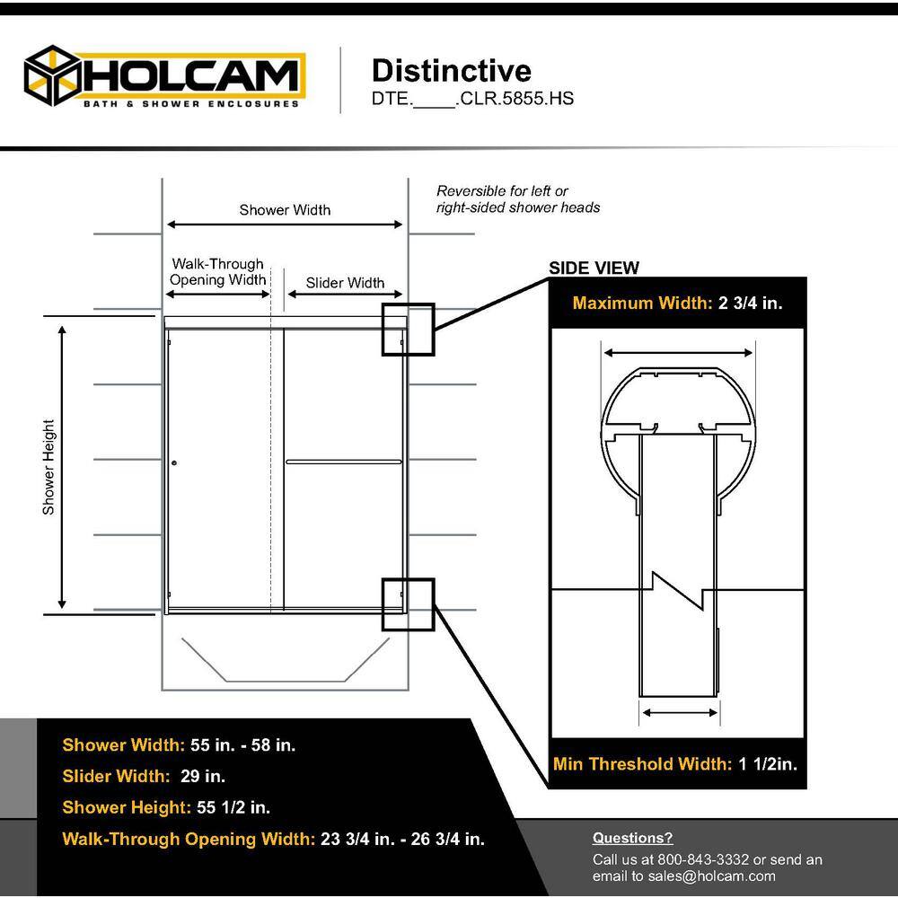 Holcam Distinctive 58 in. x 55.5 in. Frameless Sliding Bathtub Door in Matte Black DTE.MBL.CLR.5855.HS