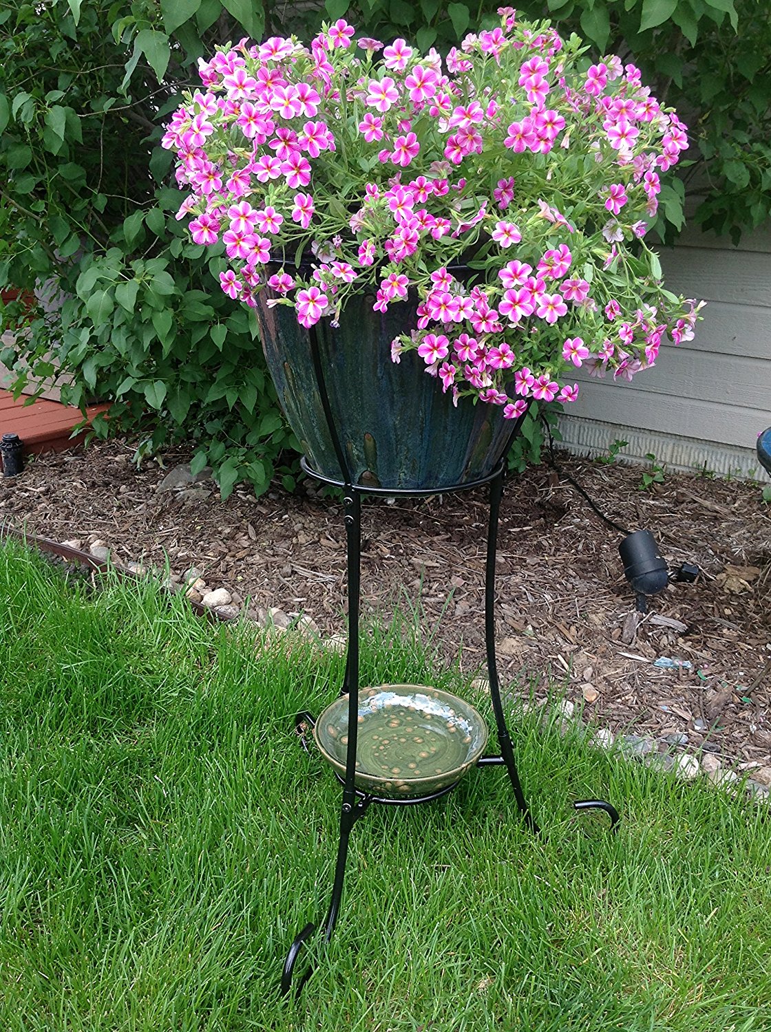 Ceramic Planter/Urn/Cooler with Tall Metal Stand- Reactive Green