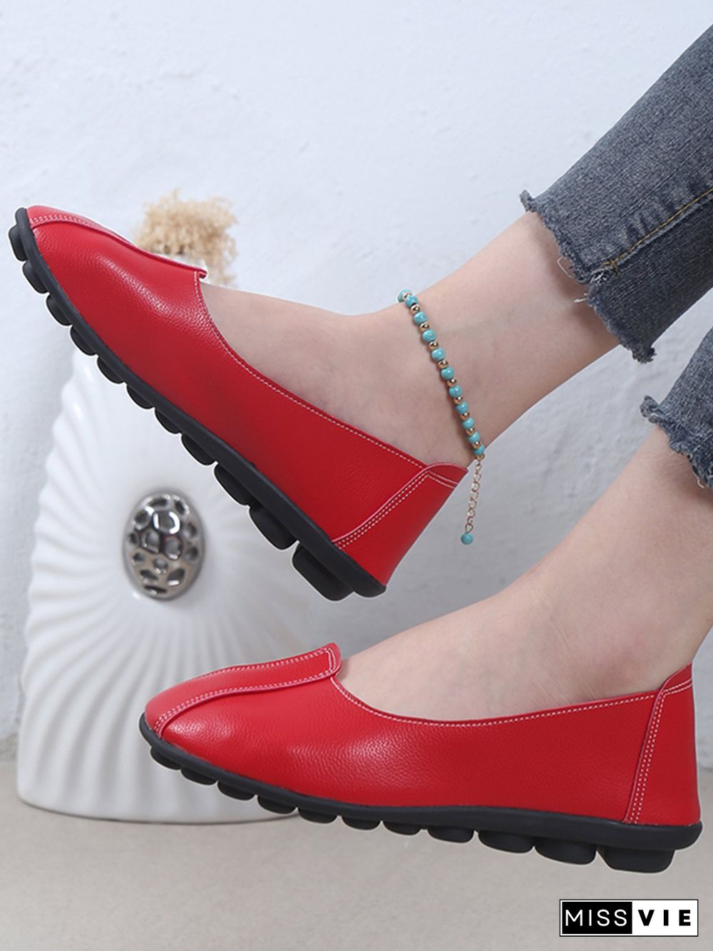 Women Casual Plain All Season Wearable Daily Flat Heel Pu Rubber Slip On Flats