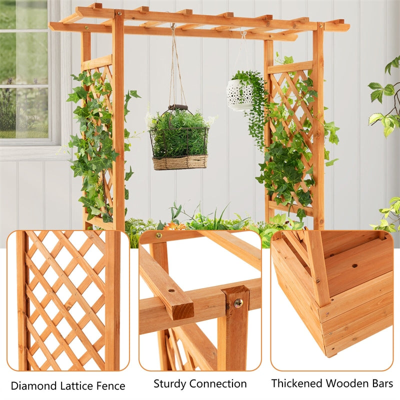 Raised Garden Bed with Arch Trellis Wood Elevated Planter Box with Hanging Roof Drainage Holes Side Trellis for Vine Climbing Plants