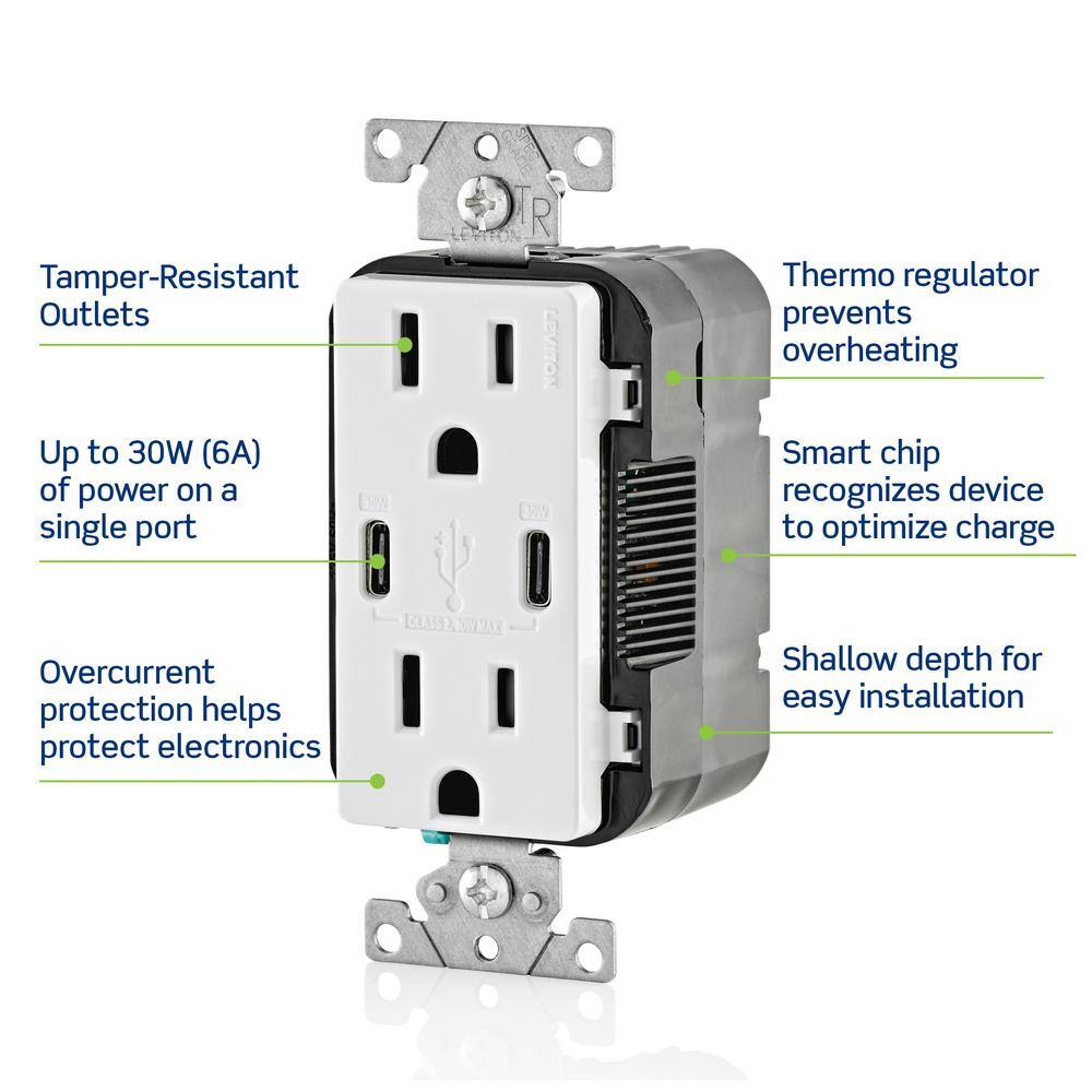 Leviton 30-Watt 6 Amp USB Dual Type-C with Power Delivery In-Wall Charger15 Amp 125-Volt Tamper-Resistant Outlet Black T5635-E