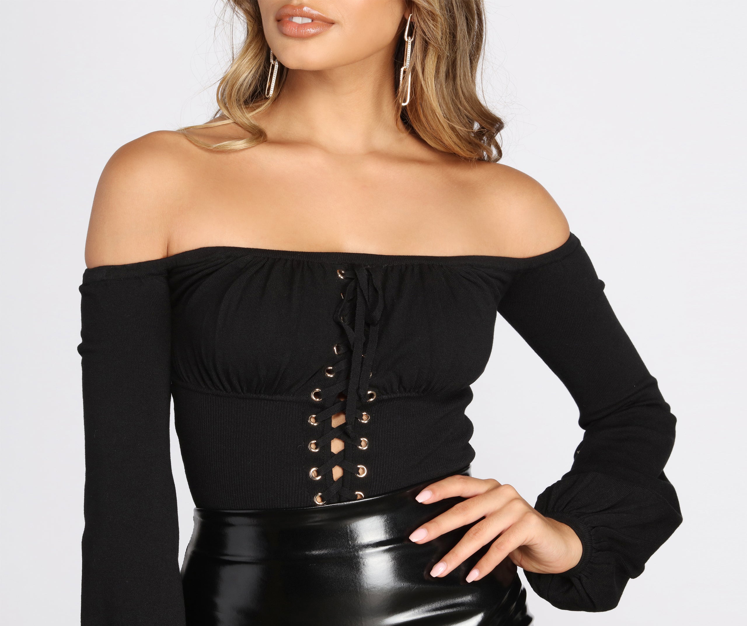 Lace Knit Up Off Shoulder Bodysuit