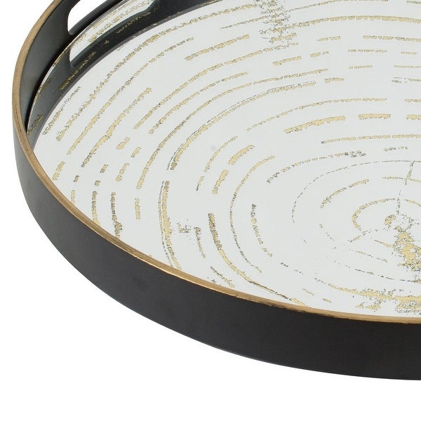 18 Inch Decorative Tray， Round Black Wood Frame， Mirrored Bottom - 1.5 H x 18 W x 18 L Inches