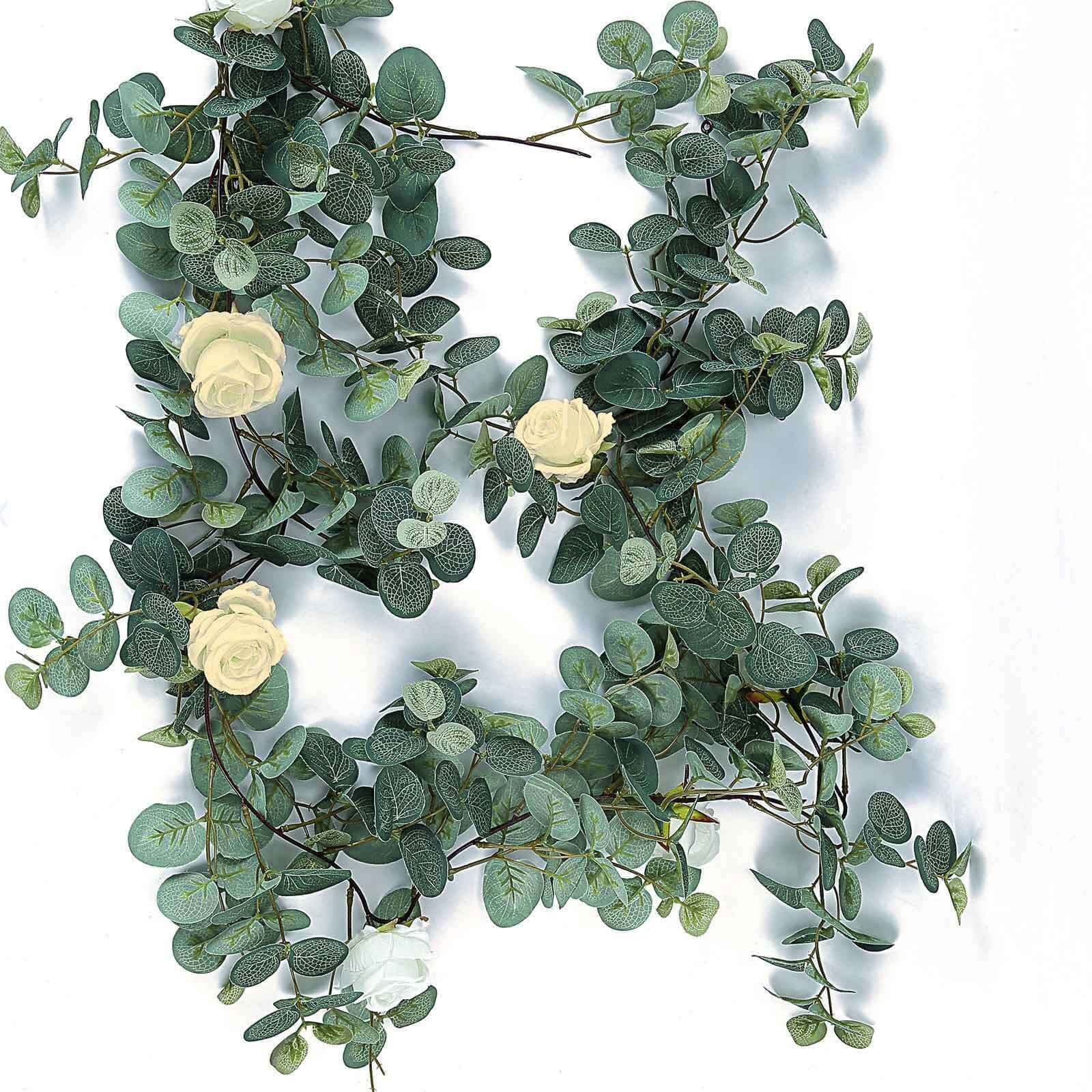 Green/Ivory Artificial Eucalyptus Leaf, Rose Flower Garland Vine 6ft