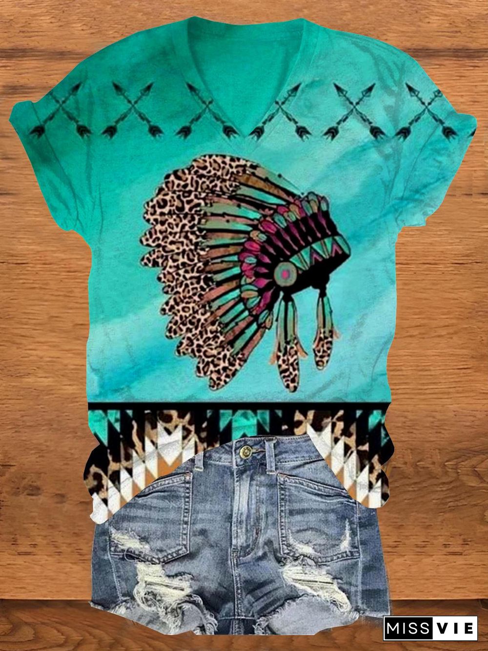 Vintage Western Native American Headdress V Neck T-Shirt