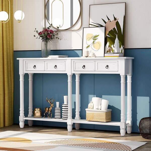 Control table with 2 drawers and bottom shelf， farmhouse couch table with solid wood tapered legs