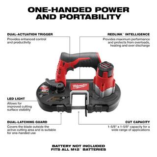 MW M12 12V Lithium-Ion Cordless Sub-Compact Band Saw and 38 in. Ratchet Combo Kit W (1) 2.0Ah Battery and Charger 2429-20-2557-20-48-59-2420