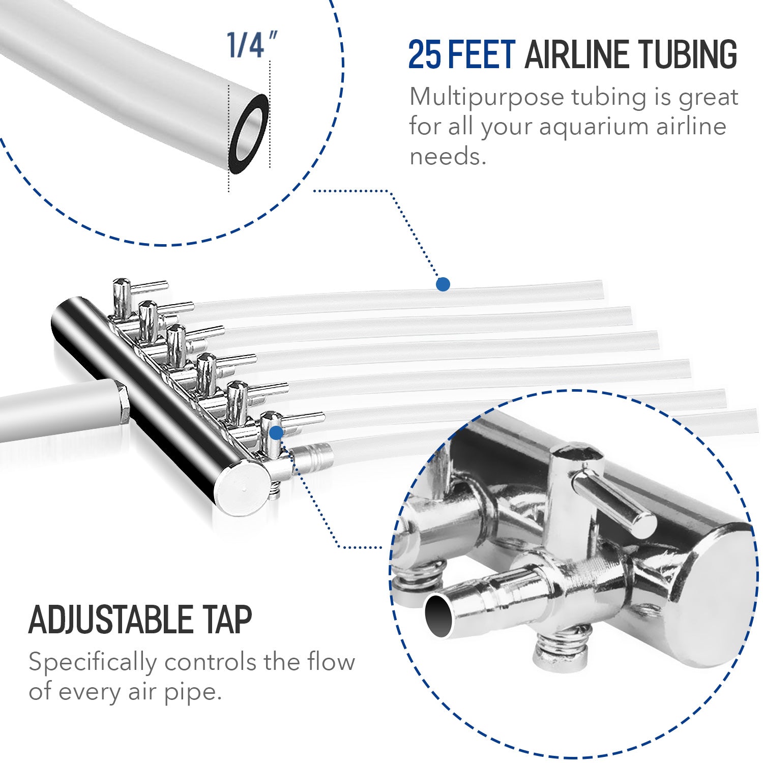 Simple Deluxe Commercial 6 Outlet Air Pump with Airline Tubing， 25 Feet， Silver