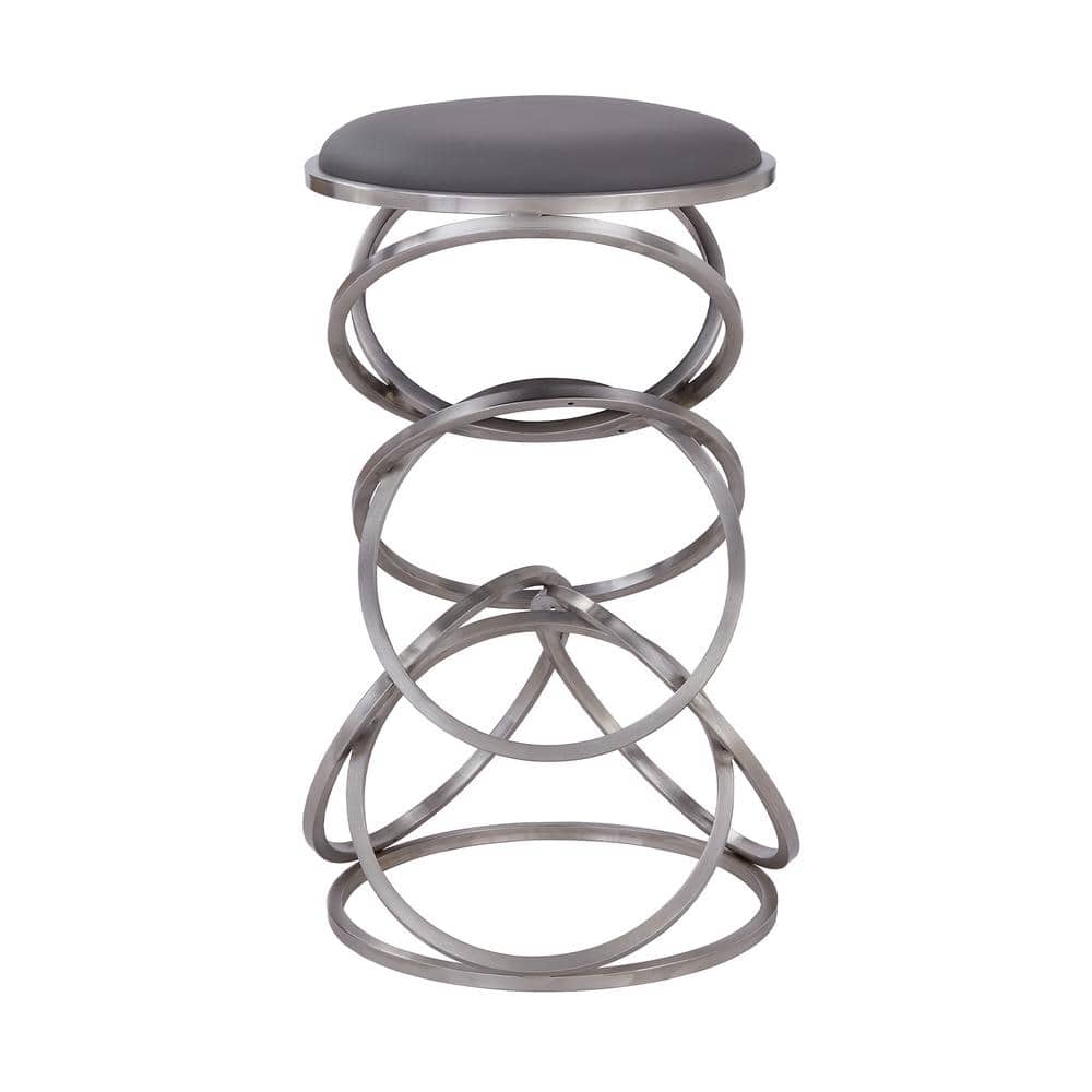 Armen Living Kelila Contemporary 30 in. Bar Height in Brushed Stainless Steel Finish and Grey Faux Leather Bar Stool 721535737994