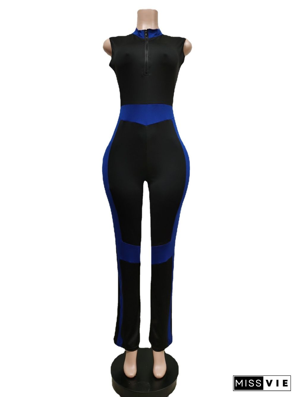 Patchwork Zipper Sleeveless Bodycon Fitness Jumpsuit