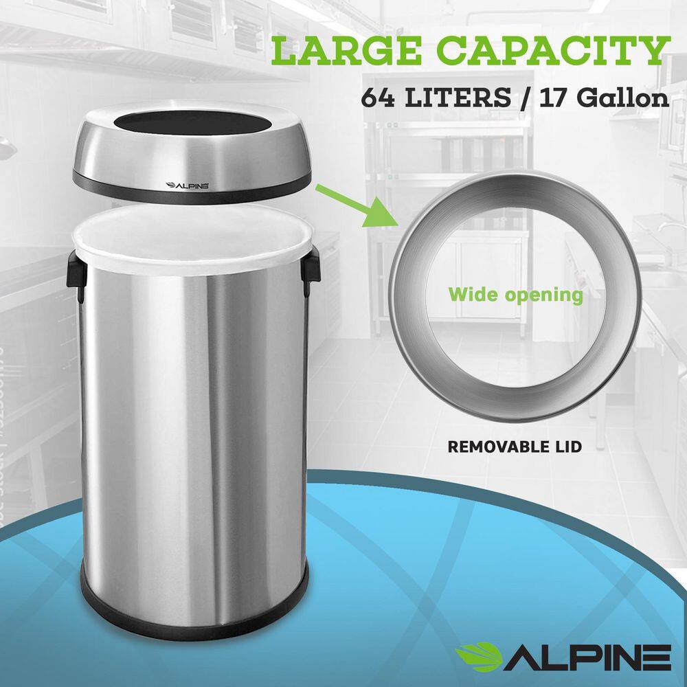 Alpine Industries 17 Gal. Stainless Steel Heavy-Gauge Brushed Open Top Commercial Trash Can (2-Pack) 470-65L-2PK