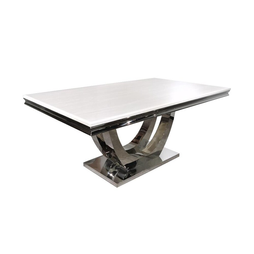 Rectangle Faux Marble Top Dining Table in White and Chrome