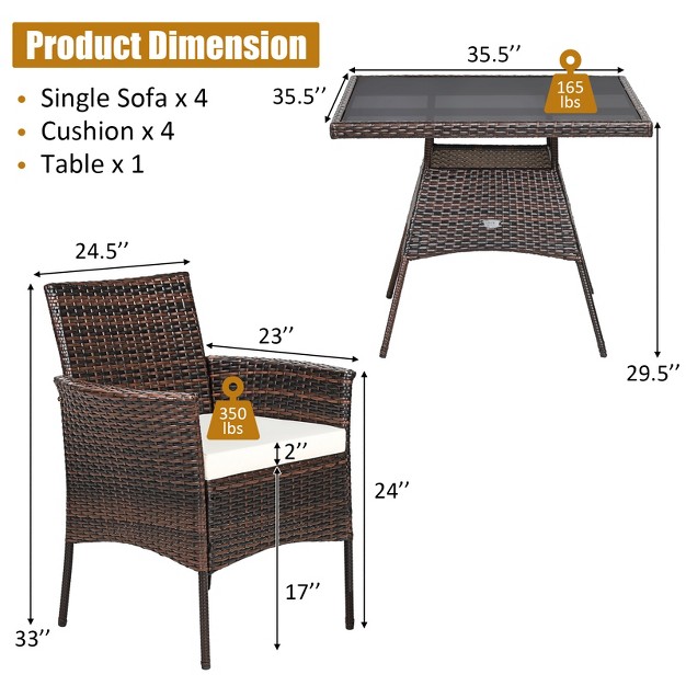 Tangkula 5 Pcs Outdoor Rattan Dining Set Patio Wicker Conversation Set W cushioned Chair amp Glass Table