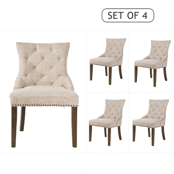 Dining Chair with Armrest，Nailhead Trim and Diamond Shaped Back Tufting Linen Upholstery Set of 6 (Beige)