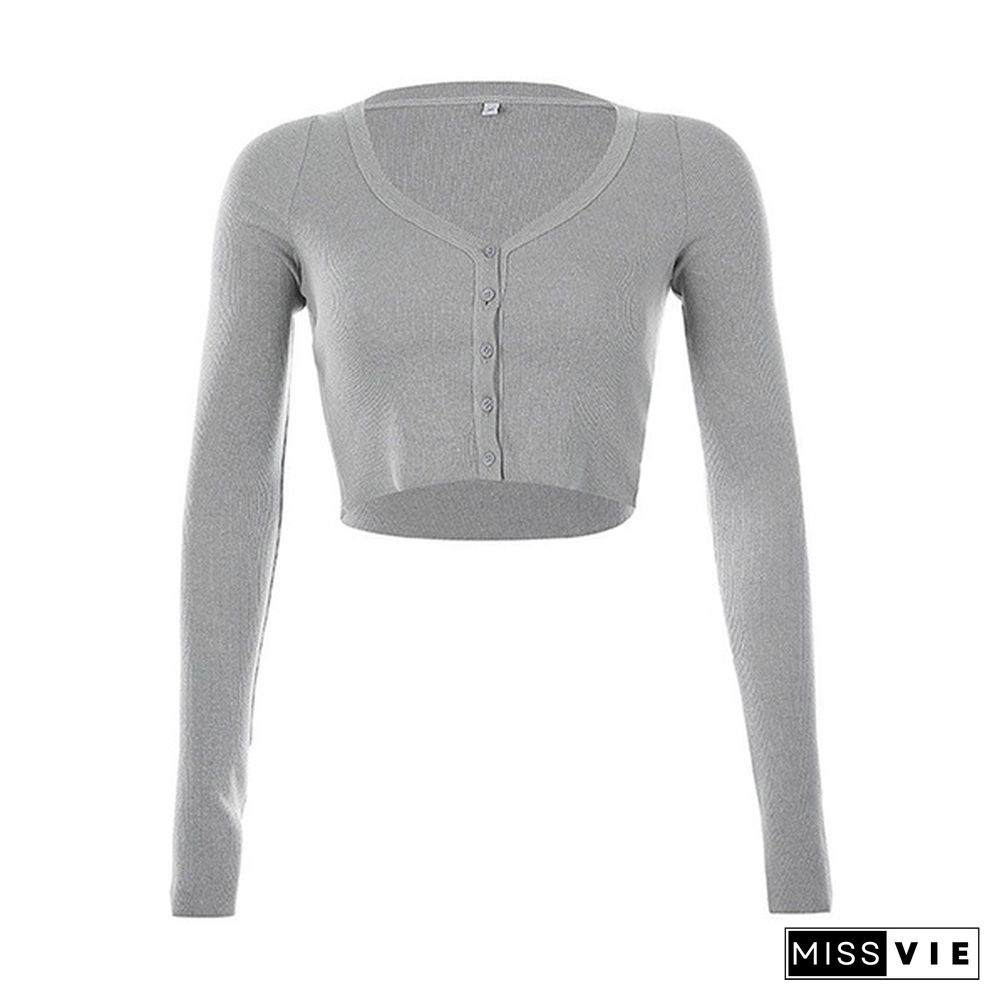 Women Spring Fashion Sexy Slim Knitted V-neck Crop Tops Cardigan Ladies Long Sleeve T-shirt Sweater