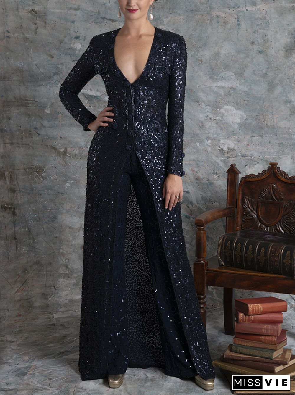 V-Neck Sequined Long-Sleeved Top And Pants Suit