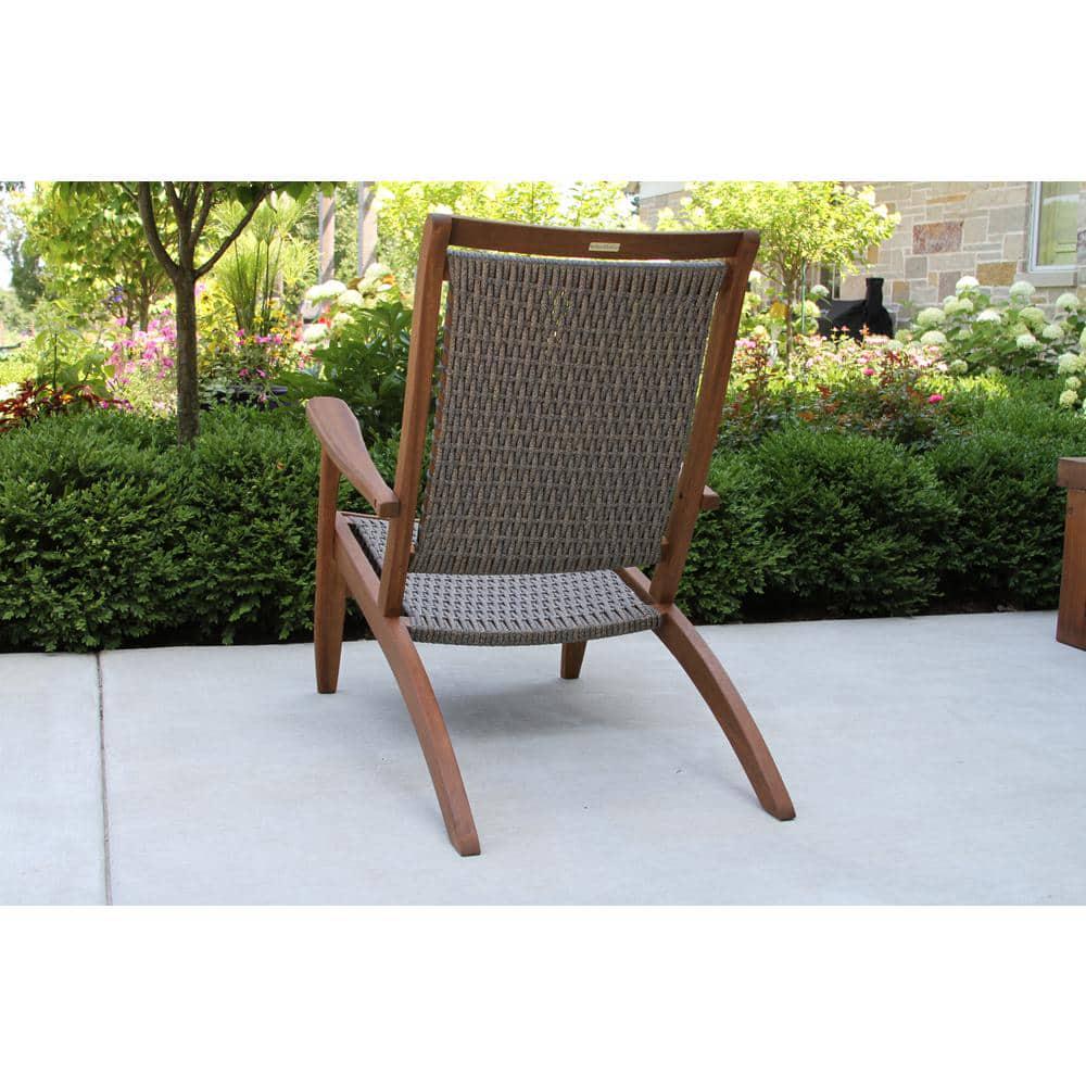 Brown Stained Weather Resistant Eucalyptus Wood Outdoor Lounge Chair with Grey Wicker