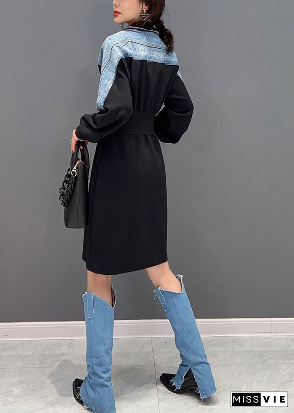 Slim Fit Black V Neck Zippered Patchwork Denim Maxi Dresses Long Sleeve