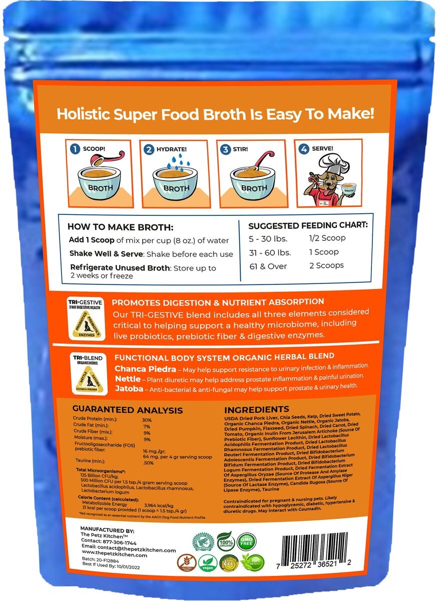 The Petz Kitchen Holistic Super Food Broth Urinary Tract Health Support Pork Flavor Concentrate Powder Dog and Cat Supplement， 4.5-oz bag