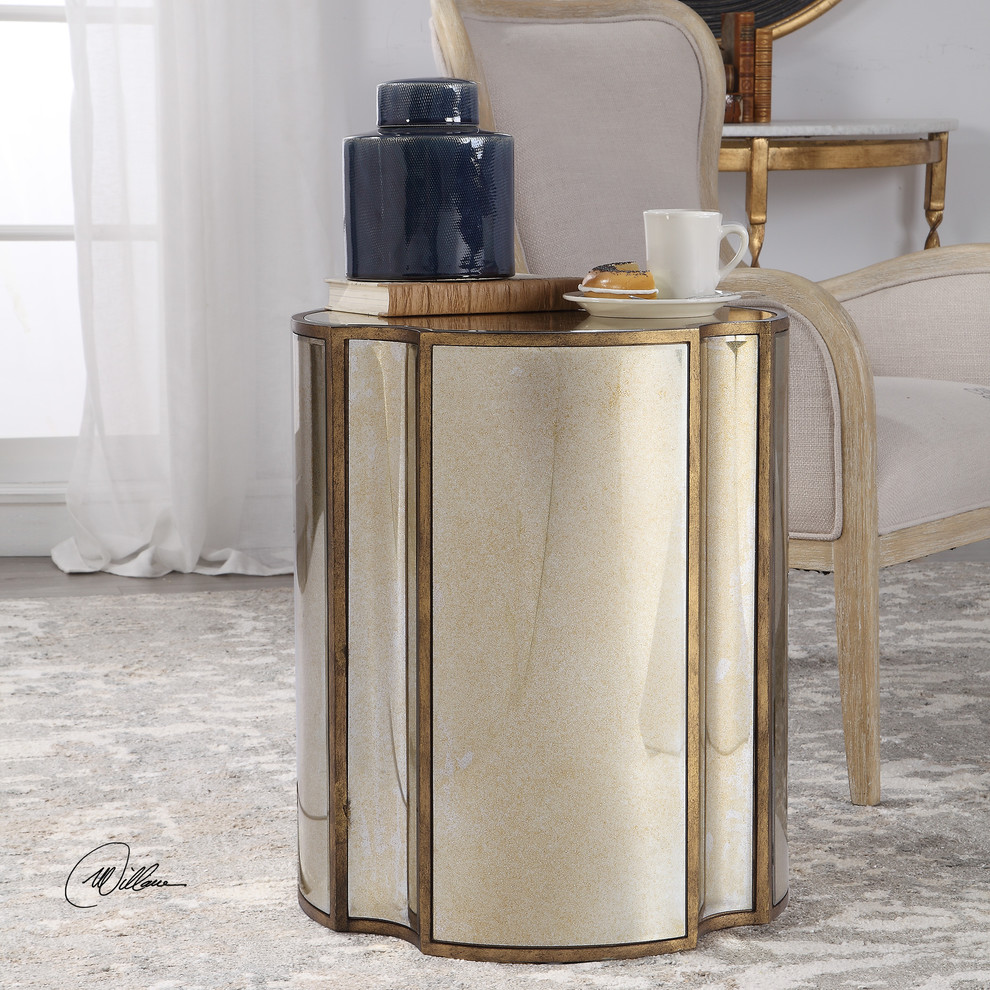 Mirrored Quatrefoil Shaped Accent Table  Round Geometric Gold Vintage Style   Transitional   Side Tables And End Tables   by My Swanky Home  Houzz