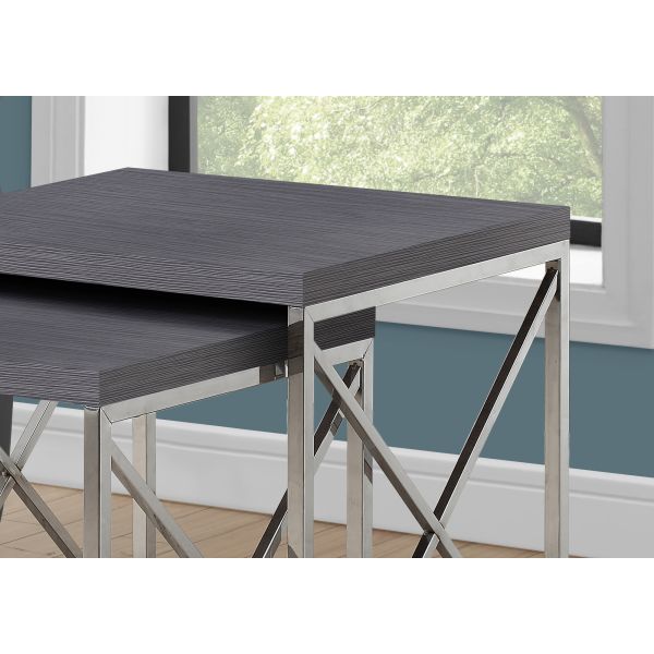 Nesting Table， Set Of 2， Side， End， Metal， Accent， Living Room， Bedroom， Grey Laminate， Chrome Metal， Contemporary， Modern