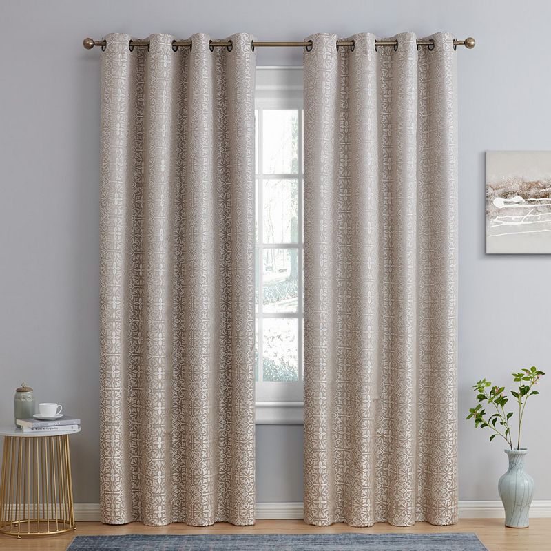 THD Venice Moroccan Tile 100% Full Complete Blackout Heavy Thermal Insulated Energy Saving Heat/Cold Blocking Grommet Curtain Drapery Panels Bedroom and Living Room， Set of 2