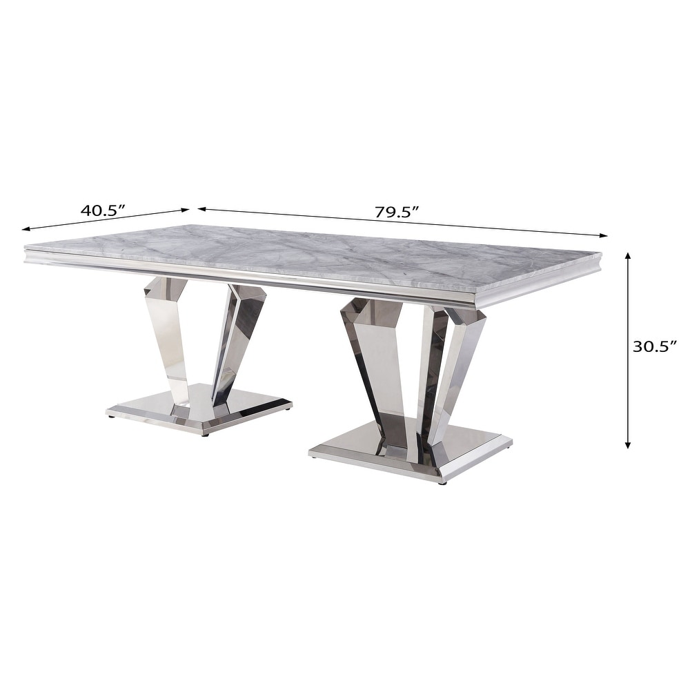 Luisa Light Grey Faux Marble and Mirrored Silver Dining Table