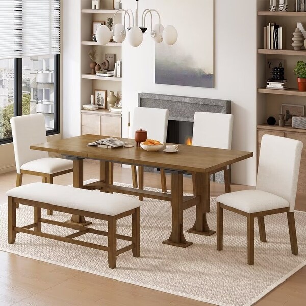 Extendable Dining Table Set，with Removable Leaf and Upholstered Chairs