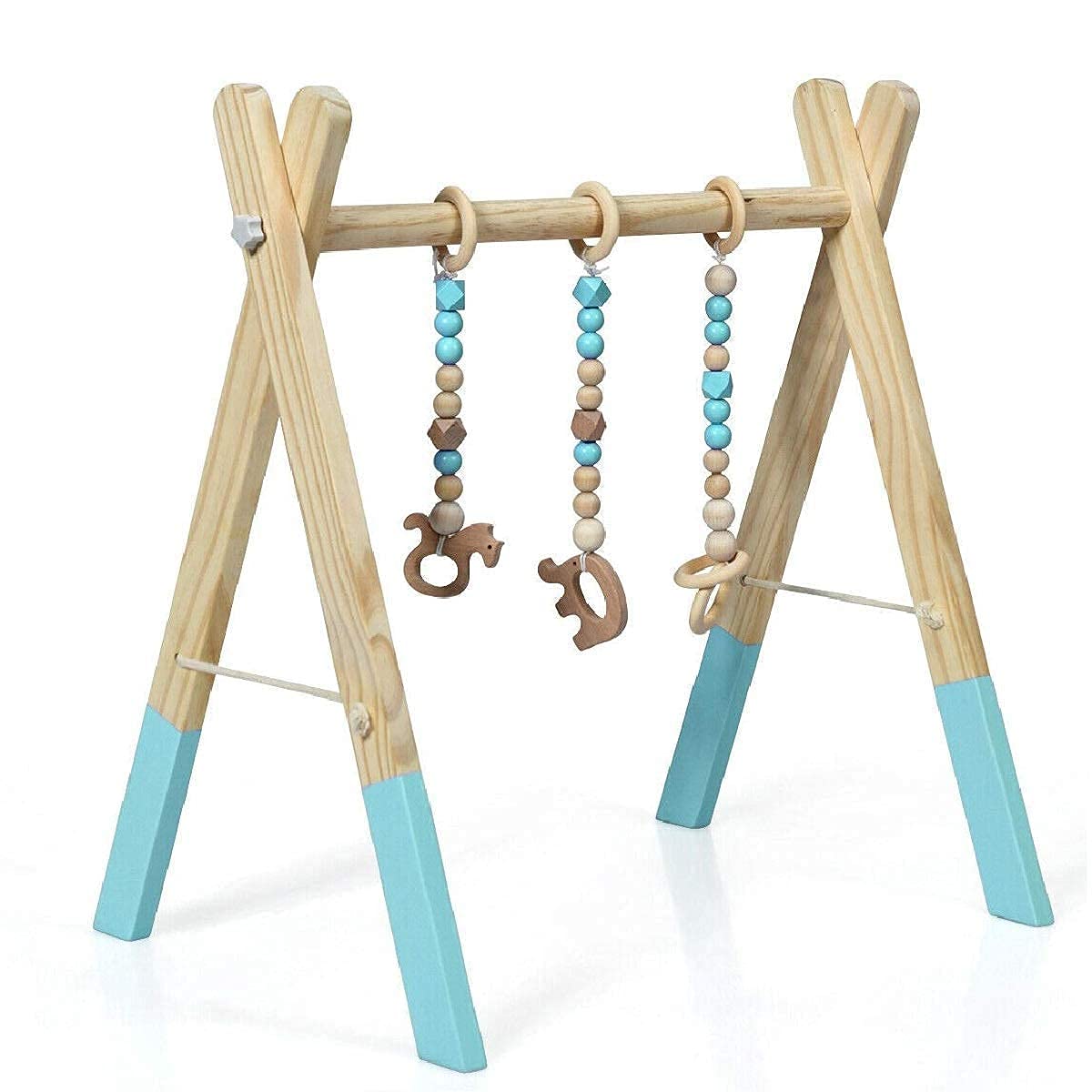 BABY JOY Portable Wooden Baby Gym, Foldable Baby Play Gym Frame with 3 Wooden Baby Teething Toys