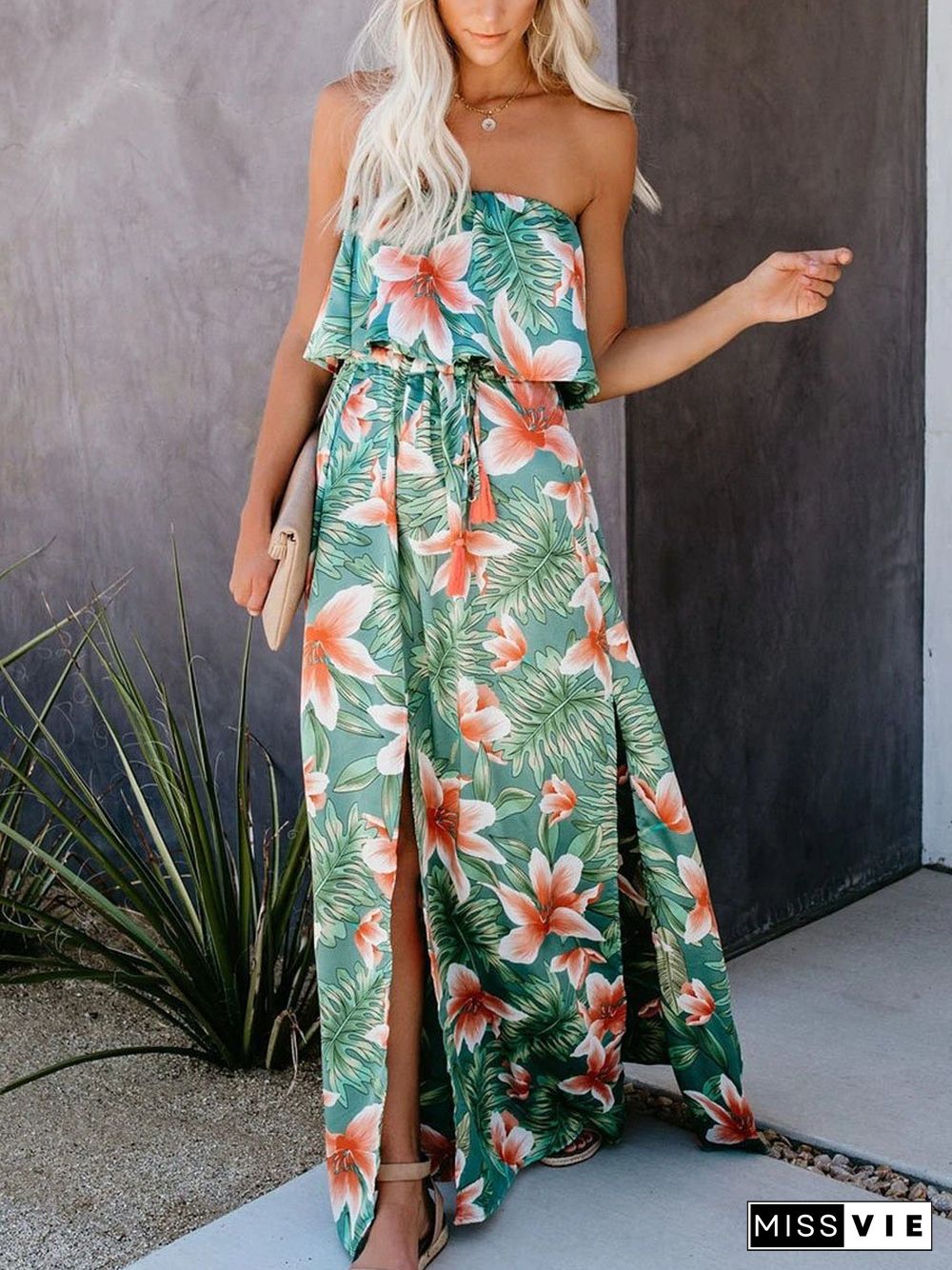 Tropical Plant Print Off-shoulder Ruffled Slit Long Dress P16061