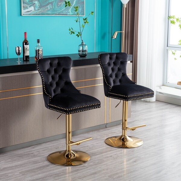 Modern Adjustable Counter Height Bar Stools， Velvet Upholstered Stool with Tufted High Back and Ring Pull for Kitchen， Set of 2