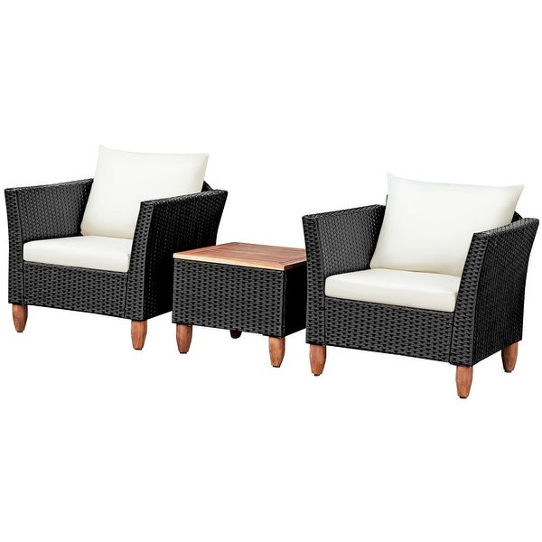 3 Pcs Outdoor Patio Rattan Furniture Set Wooden Table Top Cushioned Sofa - 29