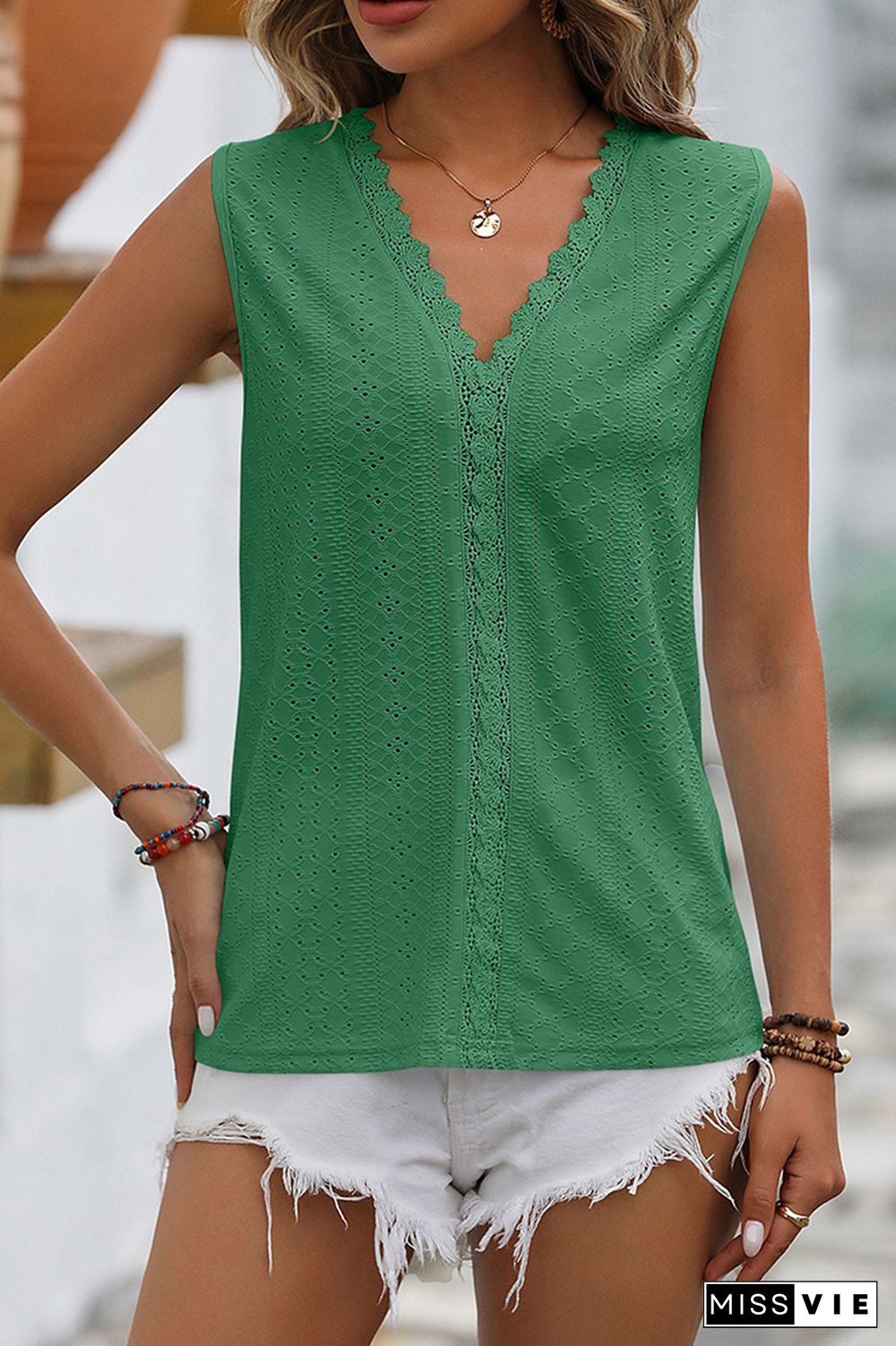 Plain V Neck Lace Edge Eyelet Pattern Tank Top