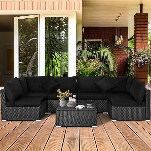 Gymax 7PCS Rattan Patio Conversation Set Sectional Furniture Set w/