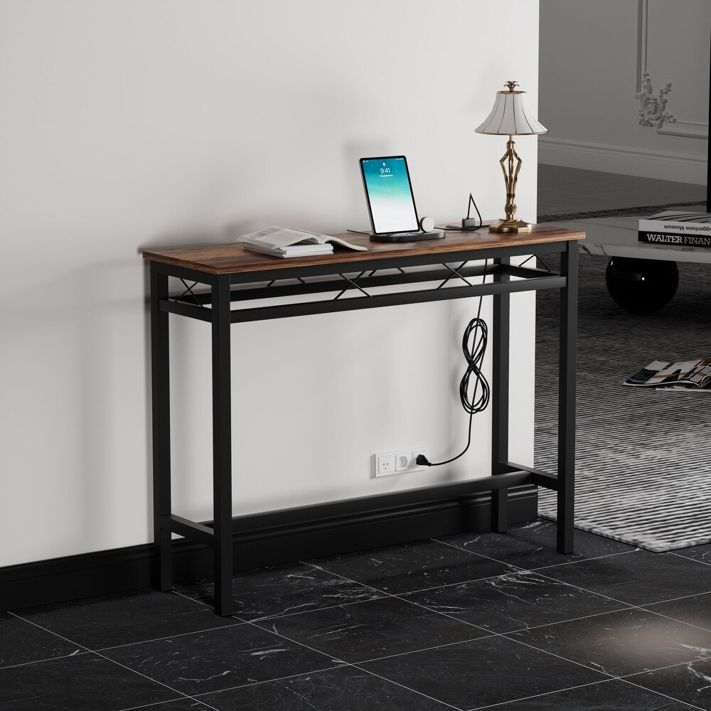 Javlergo Console Table with with Charging Station   USB Ports  Rustic Brown