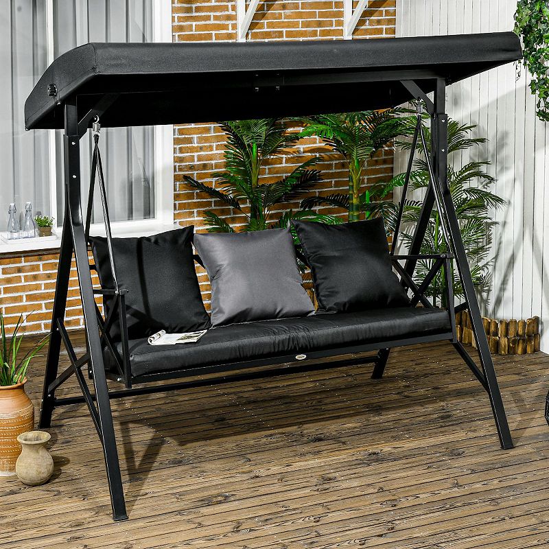 Outsunny 3-Seat Outdoor Porch Swing， Adjustable Canopy， Cushions， Black