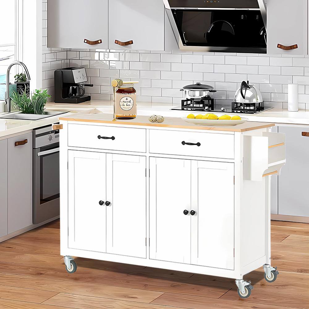 White Solid Wood Top 54.3 in. W Kitchen Island on 4-Wheels with 4-Door Cabinet and 2-Drawers VJ0310KIsland32