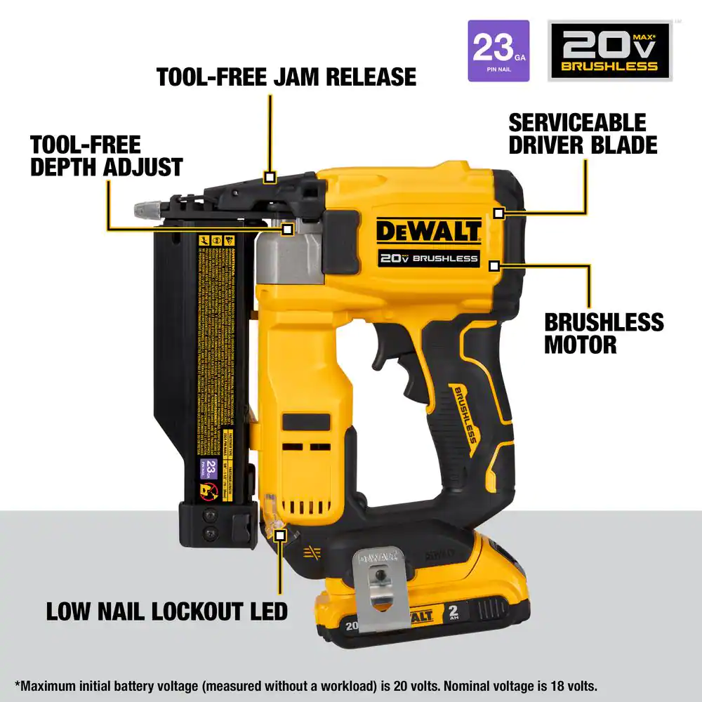 DEWALT DCN623D1 20-Volt MAX Lithium-Ion Cordless 23-Gauge Pin Nailer Kit with 2.0 Ah Battery Pack and Charger